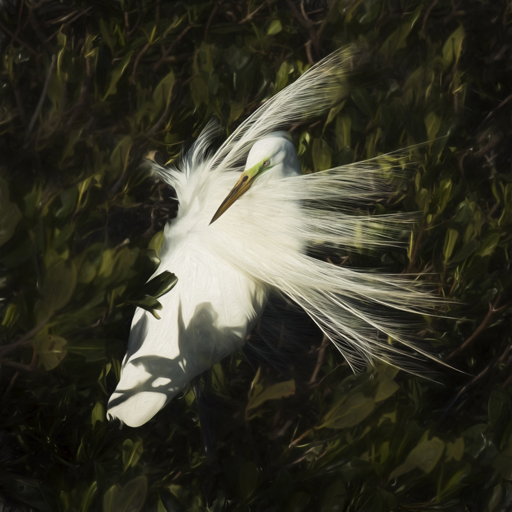 windblown egret